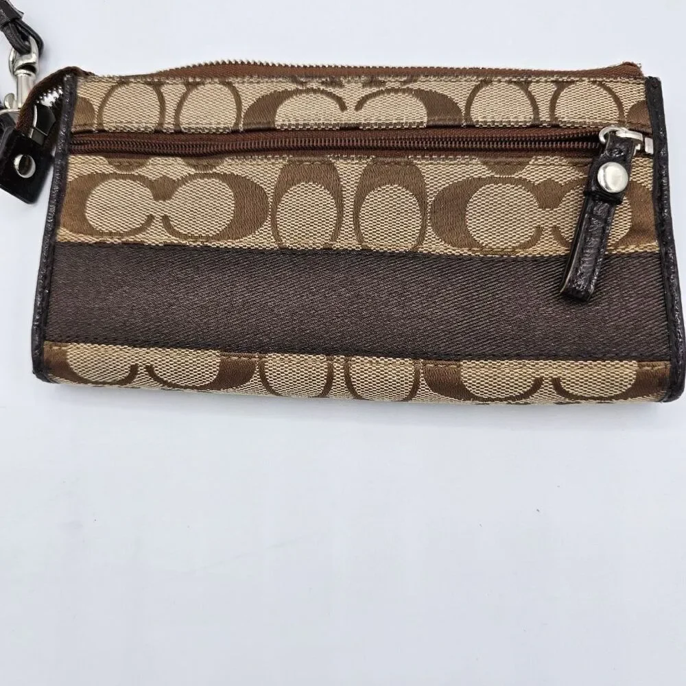 Coach Signature Jacquard Wristlet Wallet Khaki Brown Zip Clutch Leather Trim